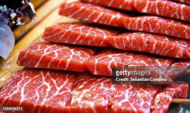 closeup on original japanese high quality kobe beef., japanese culture. - kobe japan stock pictures, royalty-free photos & images