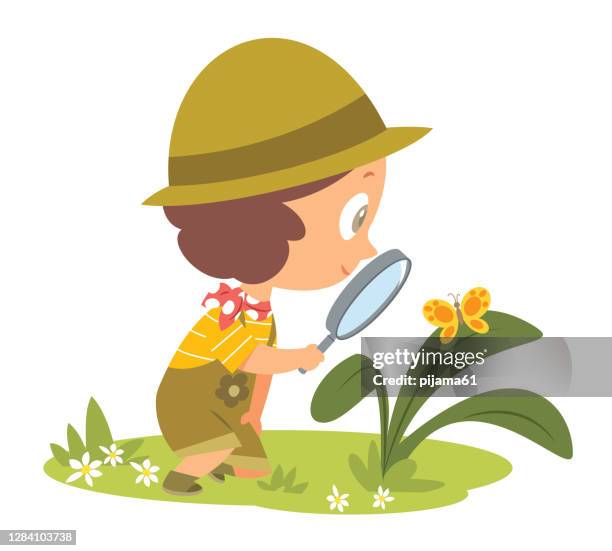 girl looking at butterfly through magnifying glass - sensory perception stock illustrations