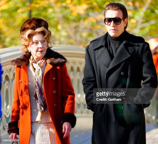 Kelly Bishop and Ewan McGregor film a scene for "Simply Halston" in Central Park on November 05, 2020 in New York City.