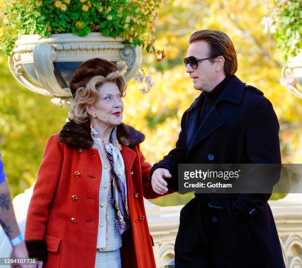 Kelly Bishop and Ewan McGregor film a scene for "Simply Halston" in Central Park on November 05, 2020 in New York City.
