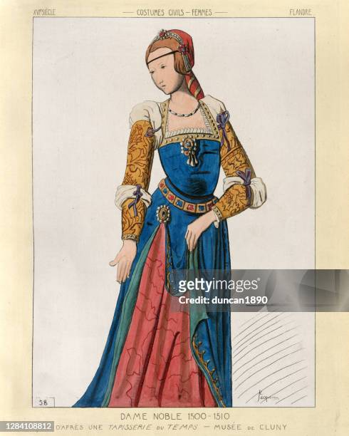 中世紀時尚,貴族女人穿禮服,16世紀初 - 16th century style 幅插畫檔、美工圖案、卡通及圖標