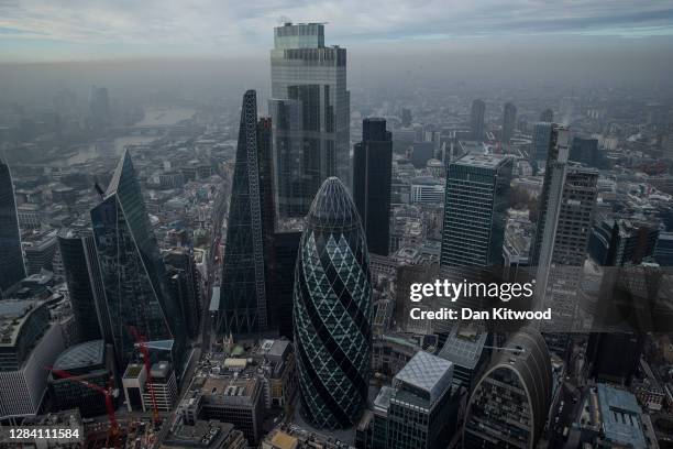 Fog shrouds the Square Mile including 30 St Mary Axe, also known as the Ghurkin on November 05, 2020 in London, England. England today began a second...