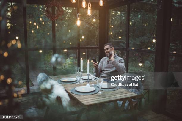 christmas during self-isolation period - virtual dinner stock pictures, royalty-free photos & images