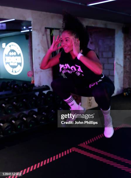 Trainer Emma Jones takes part in a Kobox workout at KOBOX Chelsea on November 04, 2020 in London, England. KOBOX offers 50-minute combination...