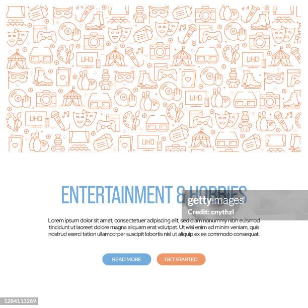 entertainment and hobbies related banner design with pattern. modern line style icons vector illustration - popcorn vector background stock illustrations