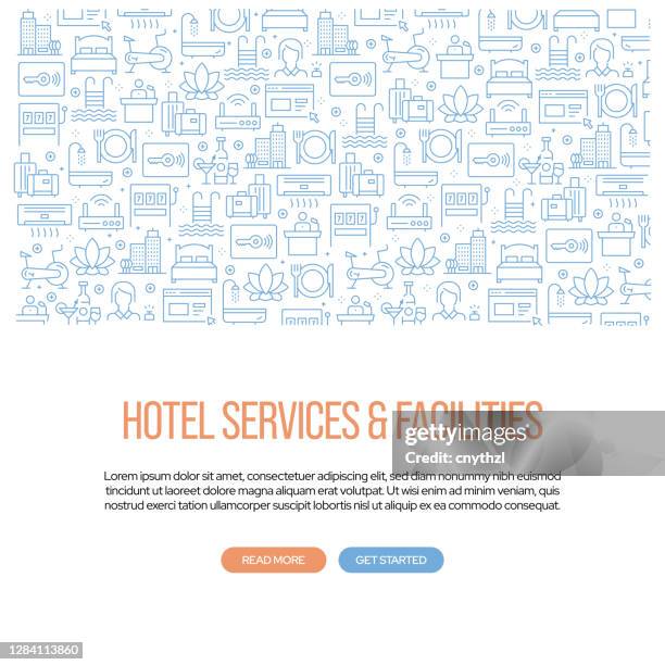 hotel services and facilities related banner design with pattern. modern line style icons vector illustration - lobby background stock illustrations