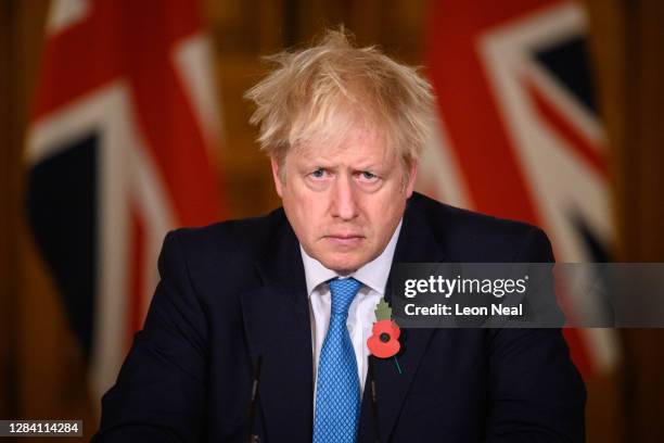 Prime Minister Boris Johnson answers questions during a briefing on the current coronavirus pandemic, in Downing Street on November 5, 2020 in...