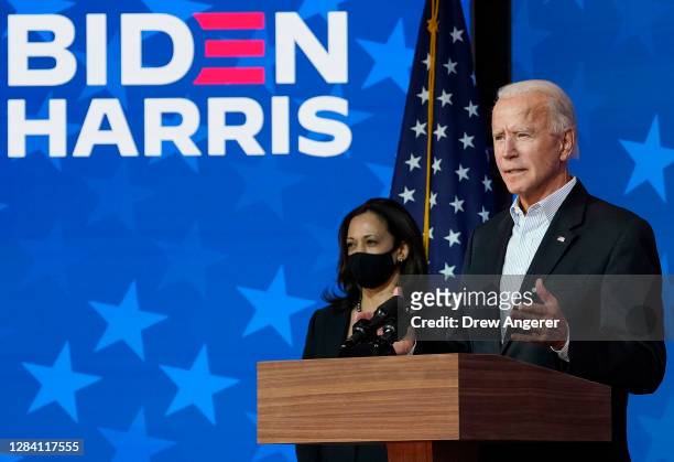 Democratic presidential nominee Joe Biden speaks as vice presidential nominee Sen. Kamala Harris listens at The Queen theater on November 05, 2020 in...
