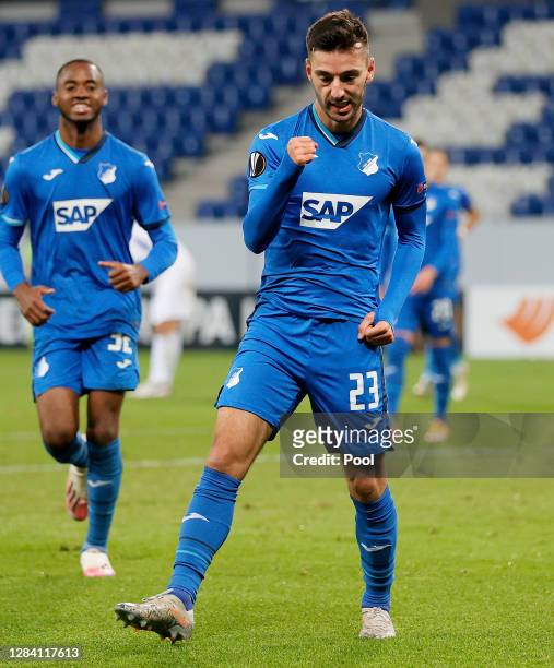 Sargis Adamyan of Hoffenheim celebrates after scoring his team's fourth goal during the UEFA Europa League Group L stage match between TSG Hoffenheim...