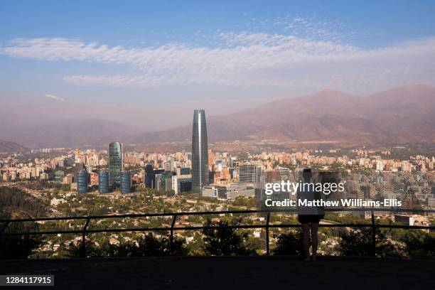 Santiago and Gran Torre Central, seen from San Cristobal Hill, Cerro San Cristobal, Barrio Bellavista, Bellavista Neighborhood, Santiago, Chile,...