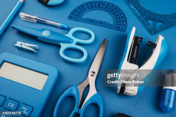 blue stationery - pens, calculator, eraser, ruler - branding identity stock pictures, royalty-free photos & images