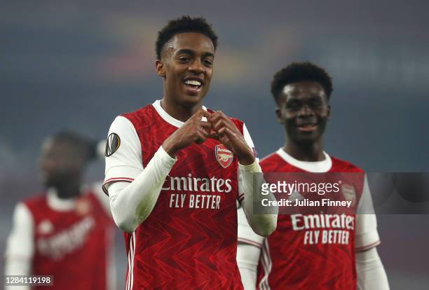 Joe Willock of Arsenal celebrates after he scores his team's fourth goal during the UEFA Europa League Group B stage match between Arsenal FC and...