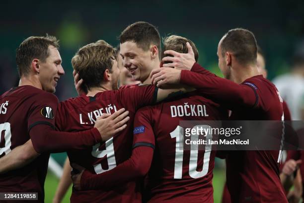 Ladislav Krejci of Sparta Prague celebrates with his team after scoring his team's fourth goal during the UEFA Europa League Group H stage match...