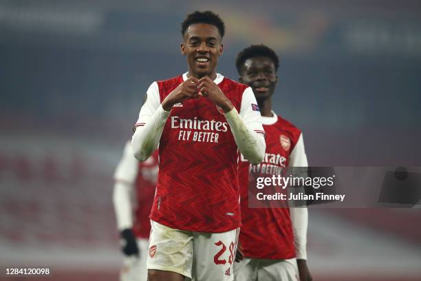 Joe Willock of Arsenal celebrates after he scores his team's fourth goal during the UEFA Europa League Group B stage match between Arsenal FC and...