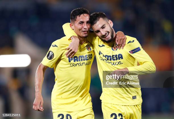 Alex Baena of Villarreal CF celebrates scoring his team's third goal with Yeremi Pino during the UEFA Europa League Group I stage match between...