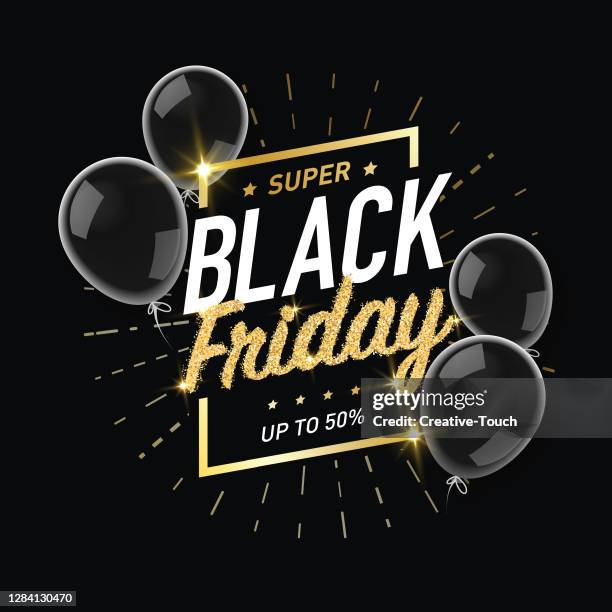 illustrazioni stock, clip art, cartoni animati e icone di tendenza di black friday gold color big sale banner - black balloons