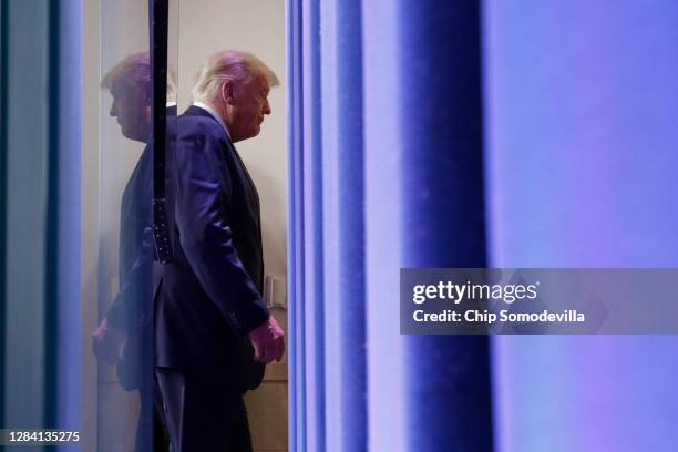 President Donald Trump leaves after speaking in the briefing room at the White House on November 5, 2020 in Washington, DC. Votes are still being...