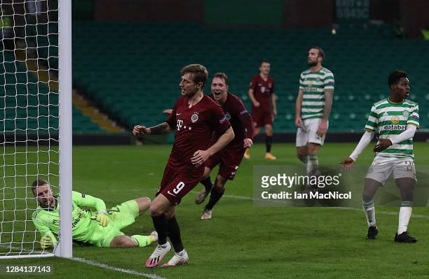 Ladislav Krejci of Sparta Prague celebrates after he scores his team's fourth goal during the UEFA Europa League Group H stage match between Celtic...