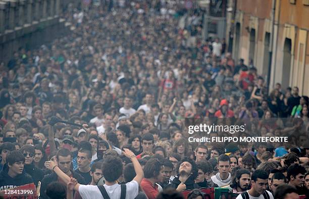 Thousands of students take part in a demonstration in downtown Rome on October 7, 2011 to protest youth unemployment and cuts to education budgets....