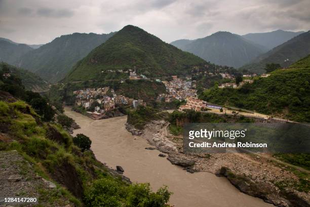 the start of the ganges river at devprayag, uttarakhand, india in the himalayas - monsoon stock pictures, royalty-free photos & images
