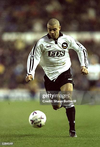 Deon Burton of Derby County on the ball in the FA Carling Premiership match against Everton at Pride Park in Derby, England. Derby won 2-1. \...