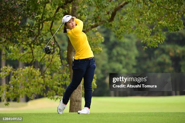 Mao Saigo of Japan hits her tee shot on the 3rd hole during the first round of the TOTO Japan Classic at the Taiheiyo Club Minori Course on November...