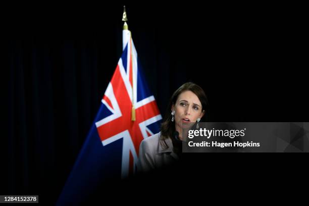 Prime Minister Jacinda Ardern speaks to media during a press conference at Parliament on November 06, 2020 in Wellington, New Zealand. Labour's...