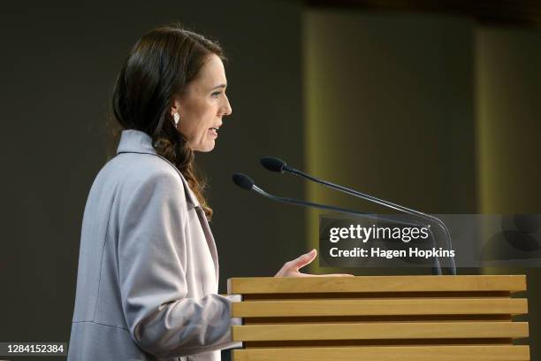 Prime Minister Jacinda Ardern speaks to media during a press conference at Parliament on November 06, 2020 in Wellington, New Zealand. Labour's...