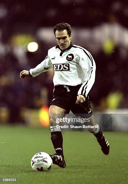 Tony Dorigo of Derby County on the ball in the FA Carling Premiership match against Everton at Pride Park in Derby, England. Derby won 2-1. \...