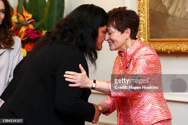 Minister Nanaia Mahuta greets Governor-General Dame Patsy Reddy with a hongi during a swearing-in ceremony at Government House on November 06, 2020...
