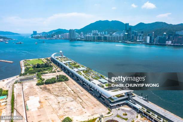 aerial view of kai tak cruise terminal, drone, hong kong - port airport stock pictures, royalty-free photos & images