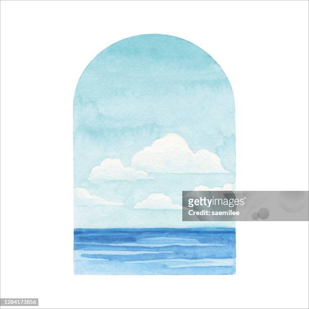 illustrazioni stock, clip art, cartoni animati e icone di tendenza di paesaggio marino acquerello con telaio - orizzonte sull'acqua