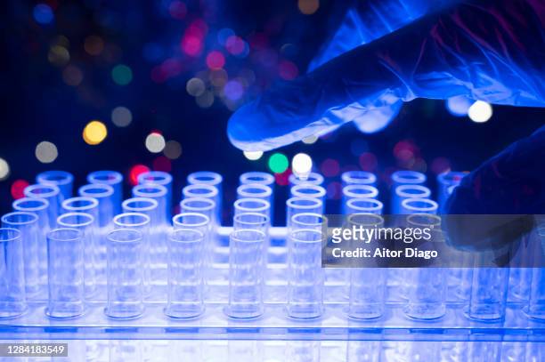 person´s hand with protective gloves taking a test tube with a sample.  christmas ambiente in the background. - covid politics stock pictures, royalty-free photos & images