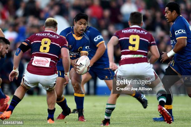 Josh Ioane of Otago looks to pass during the round 9 Mitre 10 Cup match between Southland and Otago at Rugby Park Stadium on November 06, 2020 in...