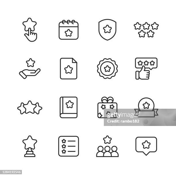 favourite and bookmark  line icons. editable stroke. pixel perfect. for mobile and web. contains such icons as star, human hand, review, feedback, rating, calendar, shield, badge, five star, document, award, book, gift, ribbon, web banner, checklist. - liso stock illustrations