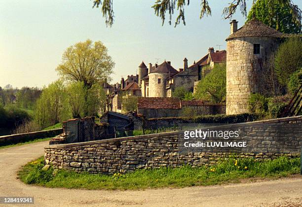 the medieval village noyers sur serein, burgundy, france - burgundy france stock pictures, royalty-free photos & images