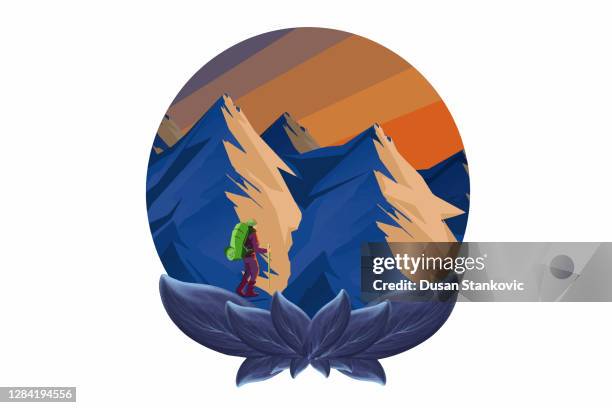 hiker and sunny mountains - summit logo stock illustrations