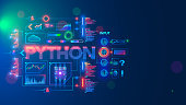 Programming language python. Conceptual banner. Education coding computer language python. Technology of software develop. Writing code, learning artificial intelligence, AI, computer neural networks