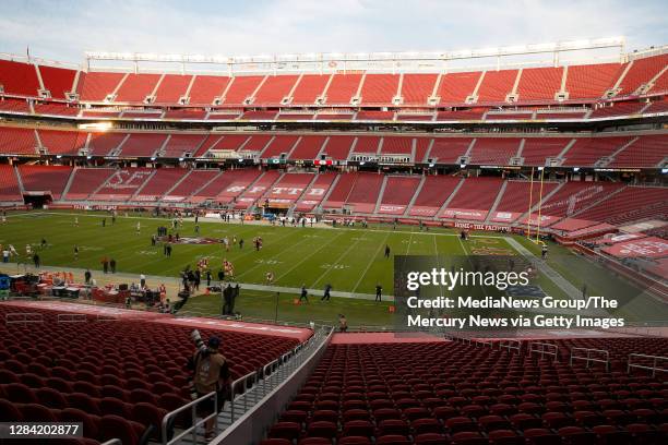 The San Francisco 49ers warm up before their NFL game against the Green Bay Packers at Levi's Stadium in Santa Clara, Calif., on Thursday, Nov. 5,...