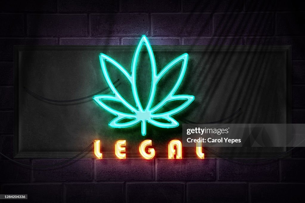 Marijuana symbol with legal text in neon lights