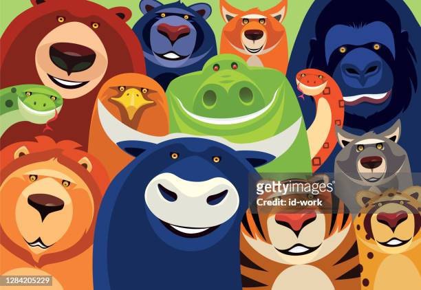group of cheerful wild animals meeting - lion expression stock illustrations