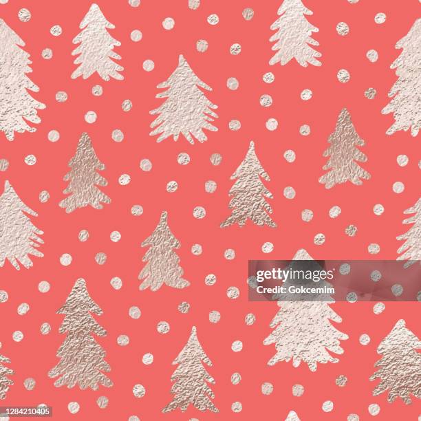 rose gold colored christmas seamless pattern with hand drawn pine trees. christmas and new year greeting card background template, christmas present wrapping paper. - rose gold stock illustrations