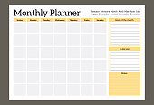 Monthly Planner template, to do list, notes, goals. Schedule for study or work. Abstract clear yellow vector illustration.