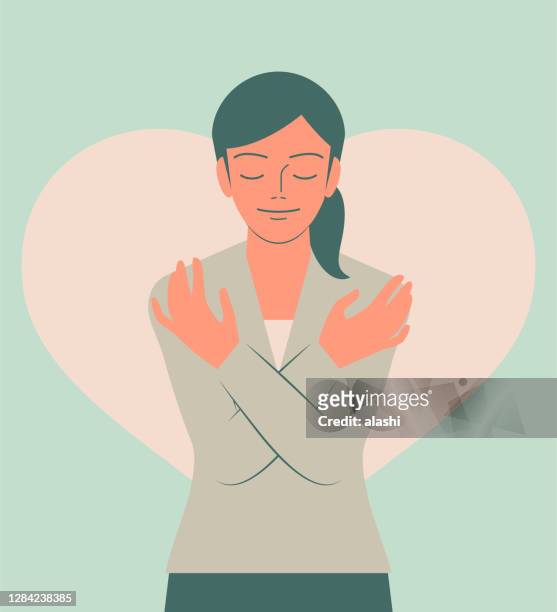 smiling pretty girl hugging herself with closed eyes - mindful stock illustrations