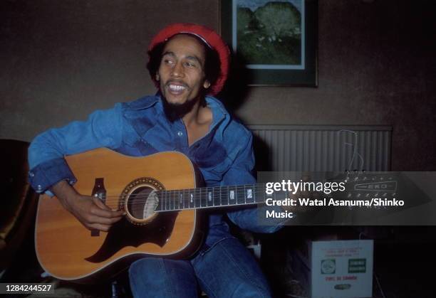 Bob Marley, portrait at a hotel in London, 2nd February 1978.