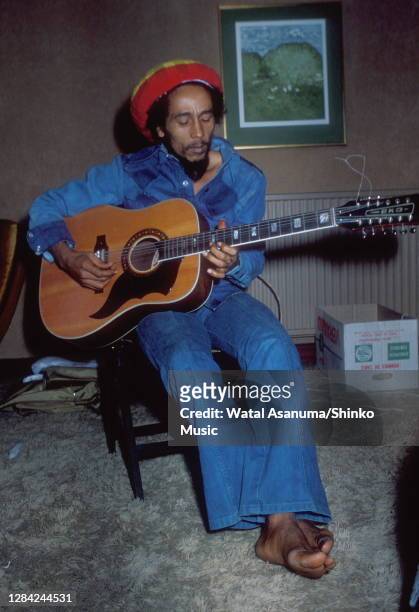 Bob Marley, portrait at a hotel in London, 2nd February 1978.