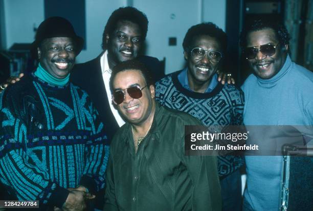 Group The Spinners pose for a portrait at the World Theatre in Minneapolis, Minnesota on February 2, 1991.