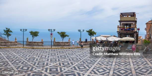 Panoramic photo of the main square in Castelmola, a hill top village above Taormina, Sicily, Italy, Europe.