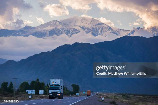 Snowcapped Aconcagua Mountain in the Andes Mountains Range, the highest mountain in America, Mendoza Province, Argentina, South America.