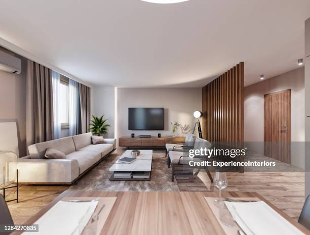 modern open space apartment interior - wide angle lens stock pictures, royalty-free photos & images